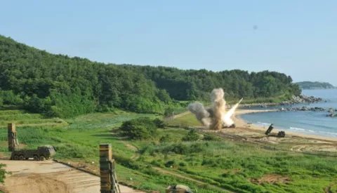 epa06066635 A handout photo made available by the United States Forces Korea (USFK) and the 8th Army shows a missile being fired into the East Sea during US-South Korean joint Precision Firing Capability exercise along the east coast in South Korea, 05 July 2017. Eighth US Army and South Korean military personnel performed joint exercises using the Army Tactical Missile System (ATACMS) and the Republic of Korea Hyunmoo Missile II in response to North Korea's ballistic missile test on 04 July, that US officials have confirmed to be an intercontinental ballistic missile. EPA/USFK AND 8TH US ARMY HANDOUT HANDOUT EDITORIAL USE ONLY/NO SALES