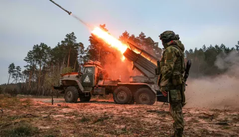 RUSSIA, KHERSON REGION - NOVEMBER 25, 2024: A serviceman of a naval infantry battalion of the Russian Navy Northern Fleet with the Dnepr Group of the Russian Armed Forces operates a BM-21 Grad multiple rocket launcher in the zone of the special military operation. Alexei Konovalov/TASS/Sipa USA Photo: Tass/SIPA USA