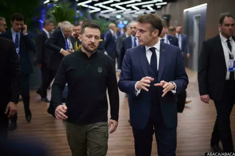 Handout photo shows Ukrainian President Volodymyr Zelensky walks with French President Emmanuel Macron before a bilateral meeting on the sidelines of the 5th European Political Community Summit, November 7, 2024 in Budapest, Hungary. Photo by Ukrainian Presidency via ABACAPRESS.COM Photo: ABACA/ABACA