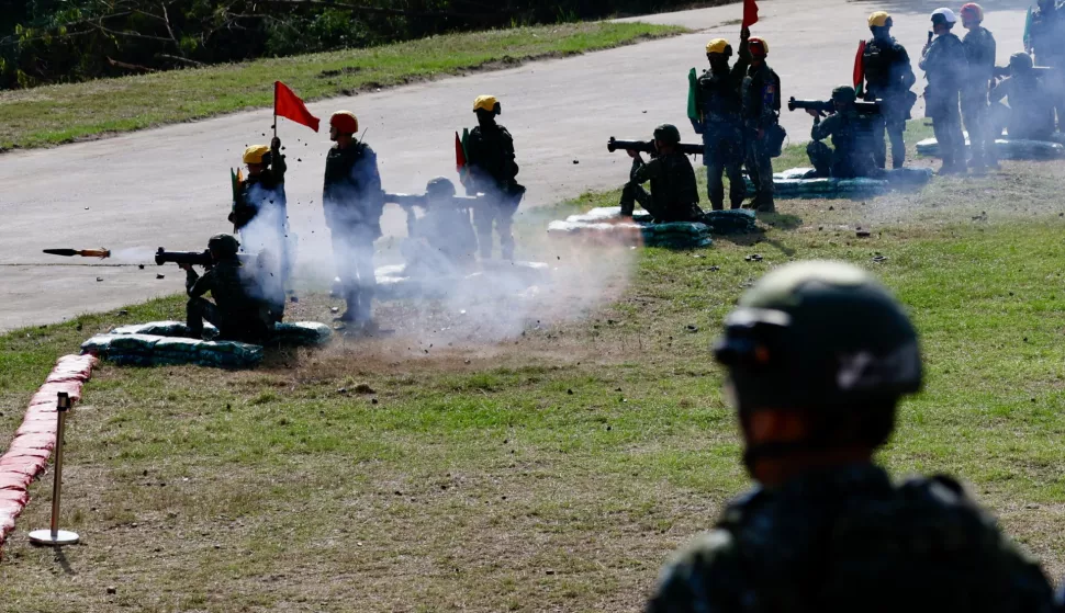 epa11704403 Taiwanese conscripts launch Kestrel rockets during a live-fire drill inside a military base in Tainan City, Taiwan, 06 November 2024. On 05 November, Taiwan Minister of National Defense Wellington Koo stated that Taiwan must demonstrate its commitment to self-defense, irrespective of the US presidential election outcome, as the campaign entered its final stages. Taiwan has been under sustained military pressure from Beijing for the last five years, with four significant military exercises occurring in the past two years. EPA/RITCHIE B. TONGO