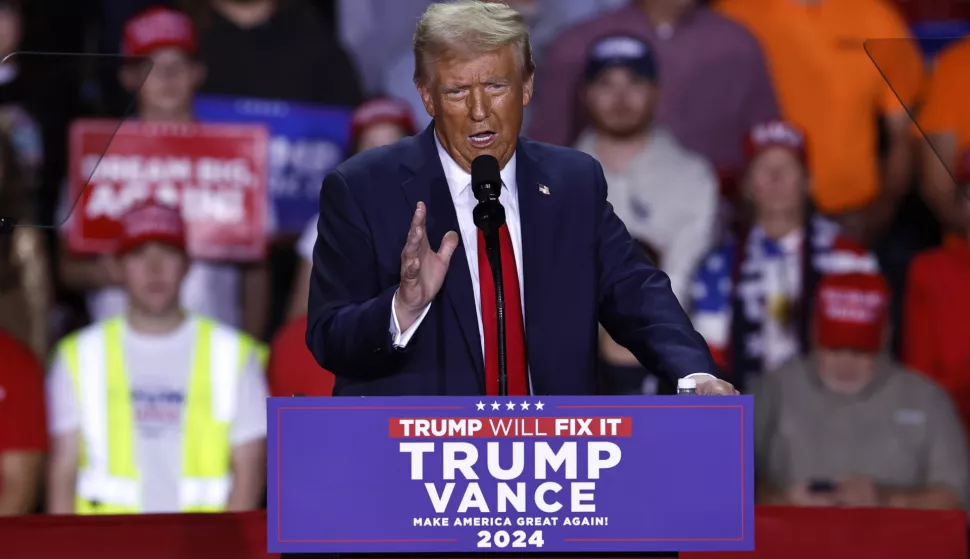 epa11701968 Republican presidential candidate and former US President Donald Trump speaks during a campaign rally in Grand Rapids, Michigan, USA, 04 November 2024. Trump and Vice President and Democratic presidential nominee Kamala Harris are tied in the polls with one day until the election of 05 November. EPA/CJ GUNTHER