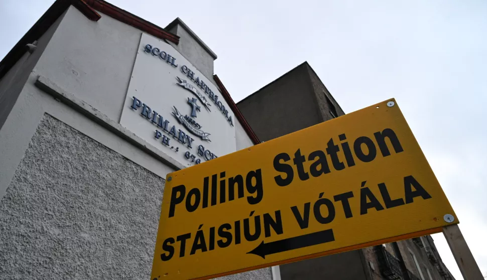 epa11747103 A sign for a polling station in Dublin, Ireland, 29 November 2024. Ireland is holding a general election on 29 November to elect 174 seats across 43 constituencies for the Dail (Ireland's lower house of parliament). Ireland uses a system of proportional representation where candidates are ranked by preference and the voting slips will need to be counted several times. Some constituencies might see their count lasting several days. EPA/BRYAN MEADE