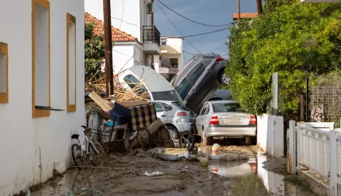 epaselect epa11751465 Cars piled up on a road full of mud following the passage of storm bora in Ialyssos, Rhodes, Greece, 01 December 2024. The island of Rhodes has been in a state of emergency for the last few hours as the bad weather from storm Bora is still ongoing. The road network in the municipal units of Ialyssos and Kallithea has been damaged. Kindergartens, elementary schools, high schools, and high schools in Rhodes will be closed on 02 December 2024. EPA/LEFTERIS DAMIANIDIS