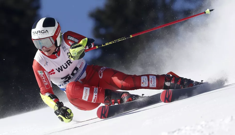 epa10470021 Zrinka Ljutic of Croatia in action during the 1st run in the Women's Giant Slalom event at the FIS Alpine Skiing World Championships in Meribel, France, 16 February 2023. EPA/GUILLAUME HORCAJUELO