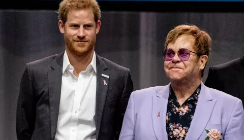 epa06907362 Britain's Prince Harry (L) and Sir Elton John (R) attend a session about the 'Elton John Aids Fund' on the second day of the International AIDS Conference 2018 (AIDS2018), in Amsterdam, The Netherlands, 24 July 2018. The biennial conference that runs from 23 to 27 July 2018 is organized by the International AIDS Society (IAS) and is expected to welcome around 18,000 participants - including activists and researchers from various disciplines, medical professionals, public health and community practitioners and policy planners - from all around the world. EPA/ROBIN UTRECHT