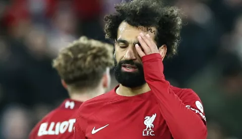 epa10383014 Mohamed Salah of Liverpool reacts during the English Premier League soccer match between Liverpool FC and Leicester City in Liverpool, Britain, 30 December 2022. EPA/Adam Vaughan EDITORIAL USE ONLY. No use with unauthorized audio, video, data, fixture lists, club/league logos or 'live' services. Online in-match use limited to 120 images, no video emulation. No use in betting, games or single club/league/player publications