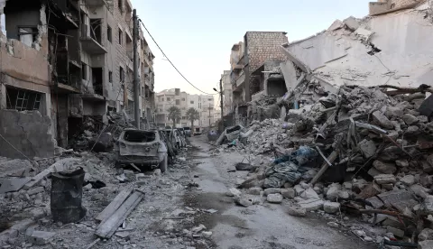 epa11753515 View of damaged buildings following a Russian airstrike, in Idlib, Northern Syria, 02 December 2024. The Syrian Civil Defense reported three people were killed as a result of airstrikes targeting three hospitals in Idlib, on 02 December. Syrian opposition forces, led by the Islamist militant group Hayat Tahrir al-Sham (HTS) launched an offensive on 27 November, taking large parts of Aleppo, Syria's second-largest city. The offensive triggered counterattacks by the Syrian regime forces as well as Russian and Syrian airstrikes on opposition-controlled areas. EPA/MOHAMMED AL RIFAI