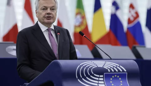 epa11741430 EU Commissioner for Justice Didier Reynders speaks during a debate on 'Reinforcing the EU's unwavering support to Ukraine against Russia's war of aggression and the increasing military cooperation between North Korea and Russia' at the European Parliament in Strasbourg, France, 26 November 2024. The EU Parliament's session runs from 25 to 28 November 2024. EPA/RONALD WITTEK