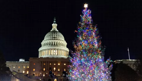 epa11755763 The US Capitol Dome is lit up at night during the US Capitol Christmas tree lighting ceremony at the US Capitol in Washington, DC, USA, 03 December 2024. The 2024 tree is an 80-foot Sitka spruce from the Wrangell District Region in Alaska's Tongass National Forest. EPA/SHAWN THEW