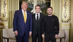 Handout photo of France's President Emmanuel Macron (C), US president-elect Donald Trump (L) and Ukraine's President Volodymyr Zelensky pose before a meeting at The Elysee Presidential Palace in Paris on December 7, 2024. Trump makes his first international trip since his election win, preparing for a day of intense diplomacy before attending the reopening ceremony for the Notre Dame cathedral restored after the 2019 fire. Photo by Ukrainian Presidency via ABACAPRESS.COM Photo: ABACA/ABACA