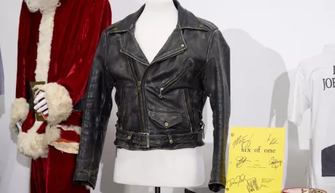 epa11757770 Patrick Swayze's leather jacket worn in his role as Johnny Castle from 'Dirty Dancing' is on display at the press preview of 'A Week of Hollywood Legends' auction at Julien's Studios in Gardena, California, USA, 04 December 2024. The auction will commence on 10 December 2024 at the Waldorf Astoria in Beverly Hills, CA. EPA/ALLISON DINNER