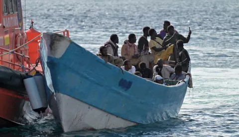 epa11697863 Migrants arrive in a small boat at the port of La Restinga, in the municipality of El Pinar, El Hierro island, Spain, 02 November 2024, as part of a group of some 180 migrants who were rescued earlier in the day by the Maritime Rescue vessel Salvamar Adhara in the waters near El Hierro and transferred to the port, where emergency teams attended to them. Around 706 migrants arrived on the day so far on the coasts of the Canary Islands, specifically El Hierro and Lanzarote, aboard 11 different boats. Among the people traveling on these boats, at least 11 were minors, according to reports from Salvamento Marítimo (Spain's Sea Rescue). EPA/GELMERT FINOL