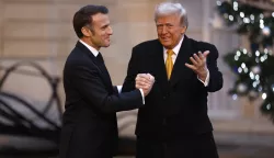 epa11762361 French President Emmanuel Macron (L) welcomes US president-elect Donald J. Trump at Elysee Palace prior the reopening ceremony of the Notre Dame de Paris Cathedral, in Paris, France, 07 December 2024. The Notre-Dame de Paris Cathedral reopens on 07 December after nearly six years of renovation work following its destruction by a fire on 15 April 2019. EPA/MOHAMMED BADRA