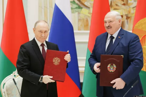 BELARUS, MINSK - DECEMBER 6, 2024: Russia's President Vladimir Putin (L) and Belarus' President Alexander Lukashenko attend a ceremony to sign documents as part of a meeting of the Supreme State Council of the Union State of Russia and Belarus. Gavriil Grigorov/Russian Presidential Press and Information Office/TASS/Sipa USA Photo: Tass/SIPA USA