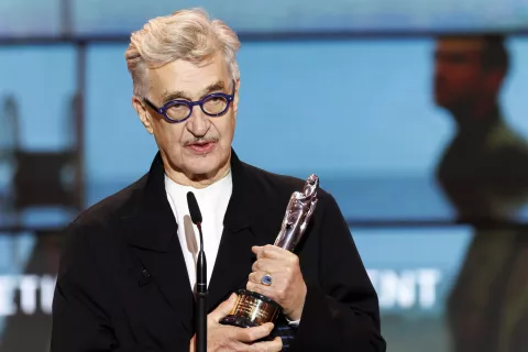 epa11763494 German director Wim Wenders, winner of the European Lifetime Achievement speaks during the gala at the 37th European Film Awards at the Culture and Convention Center KKL in Lucerne, Switzerland, 07 December 2024. EPA/MICHAEL BUHOLZER