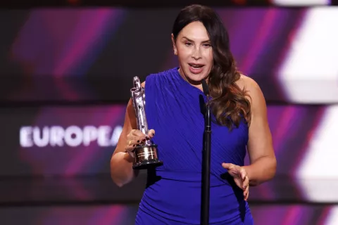 epa11763641 Karla Sofia Gascon of Spain winner of the European Actress category for "Emilia Perez" reacts during the gala of the 37th European Film Awards at the Culture and Convention Center KKL in Lucerne, Switzerlnd, 07 December 2024. EPA/MICHAEL BUHOLZER