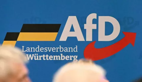 16 November 2024, Baden-W?rttemberg, Ketsch: Visitors to the state party conference of the AfD Baden-W?rttemberg sit in front of a party logo in the Rheinhalle. Photo: Bernd Wei?brod/dpa Photo: Bernd Wei?brod/DPA