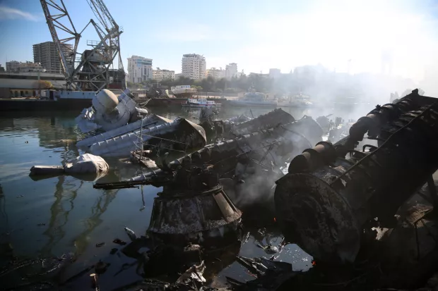 epa11767749 Damaged vessels at Latakia port after a reported Israeli airstrike targeting facilities at the port, Latakia, Syria, 10 December 2024. Several airstrikes were reportedly carried out by the Israeli army targeting weaponry facilities and military airports following the ousting of Syrian President Bashar al-Assad. Israel did not comment on the strikes. Syrian rebels entered Damascus on 08 December 2024 and announced in a televised statement the 'Liberation of the city of Damascus and the overthrow of Bashar al-Assad', as well as the release of all the prisoners. EPA/BILAL AL HAMMOUD