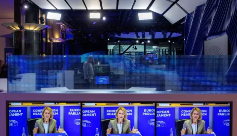 epa11715850 High Representative for Foreign Affairs and Security Policy and Vice-President of the European Commission-designate Kaja Kallas is seen os screens as she attends her confirmation hearing before the European Parliament committees in Brussels, Belgium, 12 November 2024. EPA/OLIVIER MATTHYS