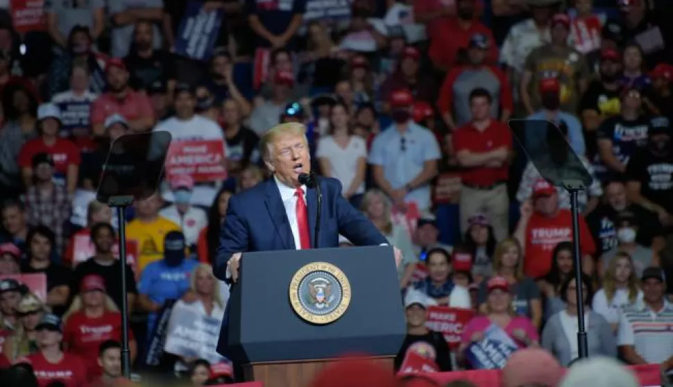 epa08499469 US President Donald J. Trump speaks during a rally inside the Bank of Oklahoma Center in Tulsa, Oklahoma, USA, 20 June 2020. The campaign rally is the first since the COVID-19 pandemic locked most of the country down in March 2020. EPA/ALBERT HALIM