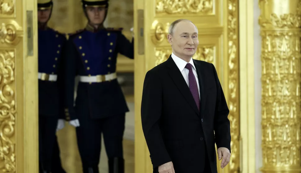 epa11702503 Russian President Vladimir Putin (R) attends a ceremonial presentation of credentials by ambassadors in Moscow, Russia, 05 November 2024. Twenty eight newly arrived ambassadors presented their credentials to the Russian President. EPA/YURI KOCHETKOV