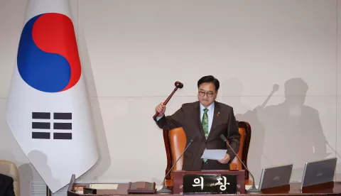 epa11776032 National Assembly Speaker Woo Won-shik declares the passage of an impeachment motion against President Yoon Suk Yeol at the parliament in Seoul, South Korea, 14 December 2024. EPA/YONHAP SOUTH KOREA OUT