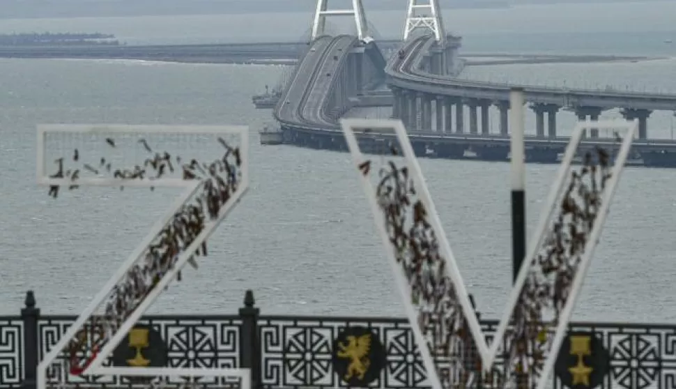 epa10524579 A general view of the Crimean Bridge in Kerch, Crimea, 14 March 2023 (issued 15 March 2023). The bridge connects the Russian mainland with the Crimean Peninsula across the Kerch Strait. In February 2014 Russian forces invaded and seized control of the Crimean Peninsula. Russia declared the annexation of Crimea on 18 March 2014, two days after the celebration of a so called 'referendum' in that territory. In a vote that reaffirmed Ukraine's 'national unity and territorial integrity', the United Nations General Assembly in the Resolution 68/262 condemned the referendum in Crimea stating it had 'no validity'. After the annexation Moscow escalated its military presence on the peninsula to solidify the new status quo on the ground and since 2015, Russia approved the 'Day of Reunification of Crimea with Russia' as a holiday marked annually on 18 March. EPA/STRINGER