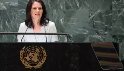 epa11627509 Annalena Baerbock, Federal Minister for Foreign Affairs of Germany, speaks during the General Debate of the 79th session of the United Nations General Assembly at United Nations Headquarters in New York, New York, USA, 26 September 2024. The annual high-level General Debate gathers world leaders from 24 to 28 September, and 30 September under the theme, 'Leaving no one behind: acting together for the advancement of peace, sustainable development and human dignity for present and future generations'. EPA/STEPHANI SPINDEL