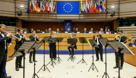 epa06841399 European Youth Orchestra performs during a High-level conference on cultural heritage in Europe at the European Parliament in Brussels, Belgium, 26 June 2018. EPA/STEPHANIE LECOCQ