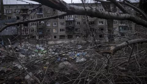 epa10492629 A view of destroyed and partially burnt out appartments of a building in Vuhledar, eastern Ukraine, 26 February 2023. The heavily destructed and embettled town is under constant Russian artillery bombardment. Vuhledar is only linked by a mud road that is within reach of Russian positions. Russian troops entered Ukrainian territory on 24 February 2022, starting a conflict that has provoked destruction and a humanitarian crisis. EPA/RICARDO GARCIA VILANOVA