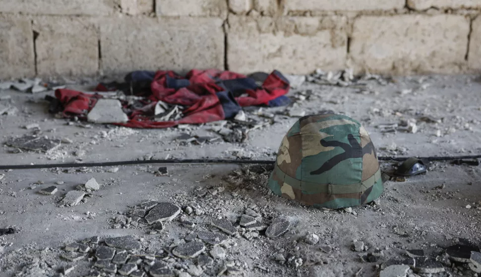 epa11781508 A helmet on the ground at the Mezzeh Air Base on the outskirts of Damascus, Syria, 16 December 2024. After Syrian rebels ousted President Bashar al-Assad on 08 December 2024, the Israeli military carried out strikes throughout Syria to destroy what remained of the Assad regime's military arsenal. EPA/ANTONIO PEDRO SANTOS