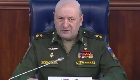 epa11781843 A handout still image taken from a handout video provided on 24 October 2022 by the Russian Defence ministry press-service shows Russian Lieutenant General Igor Kirillov, in charge of Russian troops for radioactive, chemical and biological protection, speaking at a briefing in Moscow, Russia (issued 17 December 2024). 'The head of the radiation, chemical and biological defense troops of the Russian Armed Forces, Igor Kirillov, and his assistant were killed as a result of a homemade bomb explosion in Moscow', the Russian Investigative Committee reported. EPA/RUSSIAN DEFENCE MINISTRY PRESS SERVICE/HANDOUT HANDOUT HANDOUT EDITORIAL USE ONLY/NO SALES