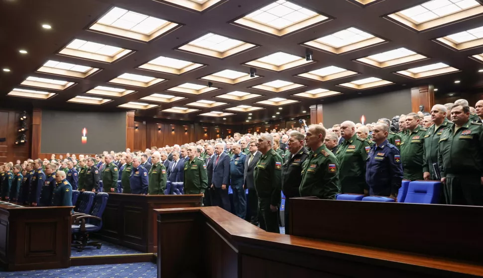 epa11780742 Participants attend an expanded meeting of the Defence Ministry Board at the National Defence Control Centre in Moscow, Russia, 16 December 2024. EPA/ALEXANDER KAZAKOV/SPUTNIK/KREMLIN POOL