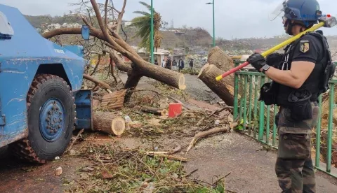 epa11782347 A handout photo made available by the Mayotte Gendarmerie on 17 December 2024 shows a French Gendarme clearing a fallen tree out of the way in the French overseas territory of Mayotte, 17 December 2024. Several hundred people may have been killed after tropical cyclone Chido battered the French Indian Ocean territory of Mayotte on 14 December, authorities said. EPA/HANDOUT BEST QUALITY AVAILABLEHANDOUT EDITORIAL USE ONLY/NO SALES