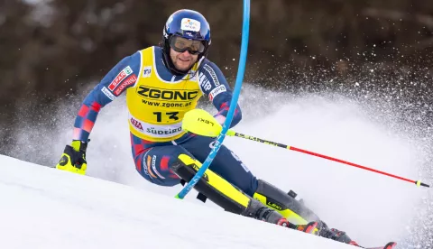 epa11790909 Samuel Kolega of Croatia in action during the first run of the Men's Slalom race of the Alpine Skiing World Cup in Alta Badia, Italy, 23 December 2024. EPA/ANDREA SOLERO