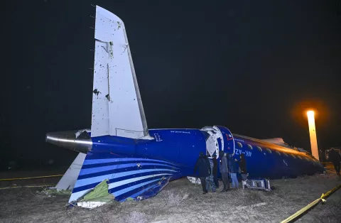 epa11793293 Wreckage of plane passenger plane Embraer ERJ-190AR at the crash site near Aktau, Kazakhstan, 25 December 2024. Azerbaijan Airlines Embraer ERJ-190AR passenger plane flying from Baku to Grozny crashed some three kilometres away from the city of Aktau. According to preliminary information, the incident was caused by a collision between the aircraft and a flock of birds. EPA/STR