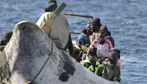 epa11793248 A group of 75 migrants arrive towed by 'Salvamar Adhara' rescue ship at La Restinga dock in El Pinar, El Hierro, Canary Islands, Spain, 25 December 2024. A total of 184 immigrants were rescued from three 'cayucos' in the waters of the Canary Islands on Christmas Day; the first reached El Hierro with 80 sub-Saharan immigrants on board, another arrived at Arguineguin with 64 migrants, and a third reached Tenerife, carrying 40 individuals, including women and minors. EPA/GELMERT FINOL