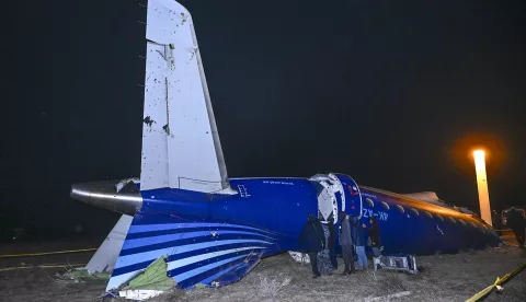 epa11793293 Wreckage of plane passenger plane Embraer ERJ-190AR at the crash site near Aktau, Kazakhstan, 25 December 2024. Azerbaijan Airlines Embraer ERJ-190AR passenger plane flying from Baku to Grozny crashed some three kilometres away from the city of Aktau. According to preliminary information, the incident was caused by a collision between the aircraft and a flock of birds. EPA/STR