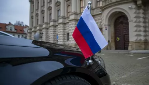 epa09142042 A car of Russian ambassador to Czech Republic stand in front of Czech Foreign Ministry in Prague, Czech Republic, 17 April 2021. According to the findings of the Czech security forces, there is reasonable suspicion that members of the Russian secret service GRU were involved in the explosion of the ammunition complex in Vrbetice in 2014, said Prime Minister Babis. Foreign Minister Jan Hamacek expelled all diplomats who were identified as members of the Russian secret services GRU and SVR. In all 18 people. They have 48 hours to leave the Czech Republic. EPA/MARTIN DIVISEK