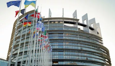 epa10321854 Flags in front of the European Parliament building in Strasbourg, France, 23 November 2022. EPA/JULIEN WARNAND