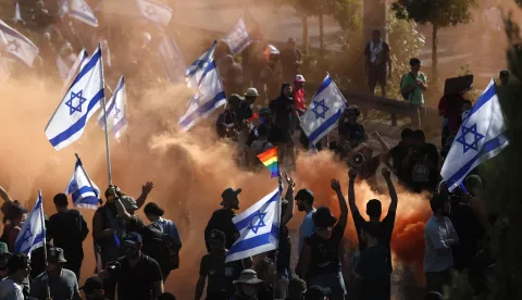 epa10766597 Anti-government demonstrators block the Highway 50, as protests continue across the country as the Israeli parliament, or Knesset, passed a bill that would limit the Supreme Court's powers, in Jerusalem, 24 July 2023. EPA/ATEF SAFADI