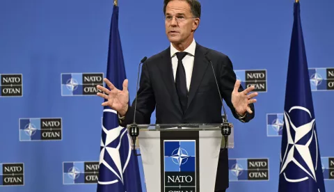 NATO new Secretary General Mark Rutte pictured at a press conference to mark the end of Stoltenberg's term as NATO Secretary General, in NATO Headquarters in Brussels, Tuesday 01 October 2024. The ceremonies will mark the transition to NATO's new Secretary General, former Dutch Prime Minister M. Rutte. BELGA PHOTO ERIC LALMAND (Photo by ERIC LALMAND/Belga/Sipa USA) Photo: BELGA/SIPA USA