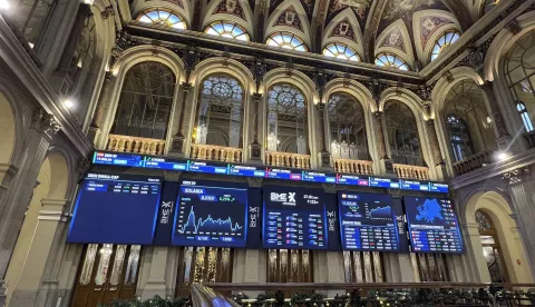 epa11794837 A view of the Madrid Stock Exchange headquarter's floor in Madrid, Spain, 27 December 2024, after being closed for two days over Christmas. Spain's main index, the Ibex 35, started the session on the day with a slight drop of 0.21 percent, remaining below the 11,500 points at which it closed on 24 December. EPA/ALTEA TEJIDO