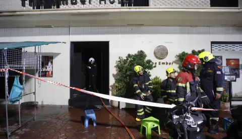 epa11797909 Firefighters at the scene of a blaze at The Ember Hotel in Bangkok, Thailand, 29 December 2024. According to police at the scene, a number of casualties were reported when a fire broke out at the hotel near the tourist spot of Khao San Road.