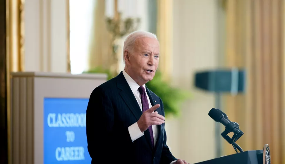 epa11718861 US President Joe Biden speaks during the Classroom to Career summit in the East Room of the White House in Washington, DC, USA, 13 November 2024. The summit is meant to highlight progress in expanding career pathways to good-paying jobs in infrastructure, clean energy, and advanced manufacturing. EPA/ALEXANDER DRAGO/POOL