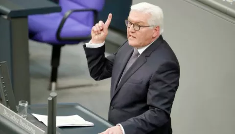 epa05787705 The newly elected German President Frank-Walter Steinmeier speaks during the Federal Assembly (Bundesversammlung) at the German 'Bundestag' parliament in Berlin, Germany, 12 February 2017. The German Federal Assembly is a special political institution that only convenes to elect the Head of State. The constitutional body gathers all members of the German 'Bundestag' Parliament and the same number of representatives of all fields of society delegated by the 16 German Federal states. EPA/CARSTEN KOALL