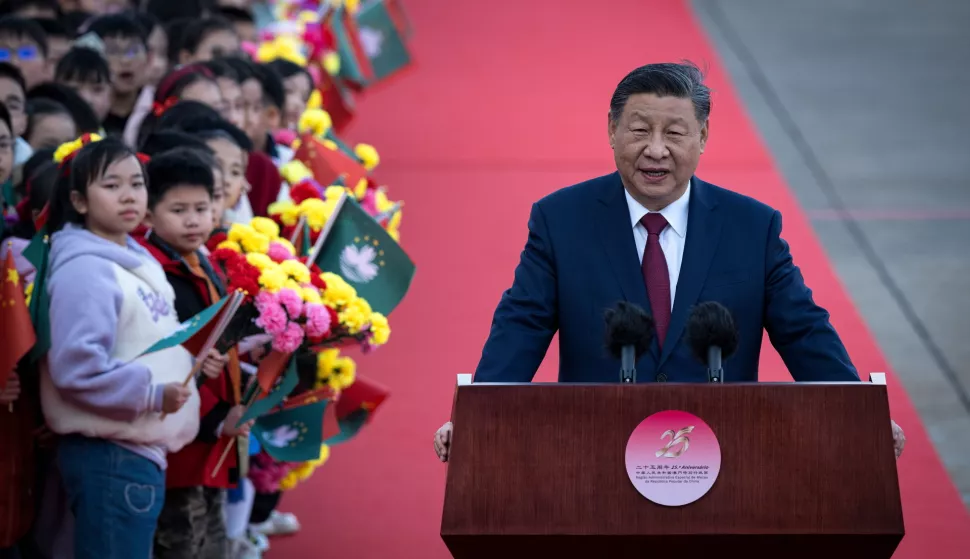 epa11783457 Chinese President Xi Jinping delivers a speech as he arrives at Macau International Airport to celebrate the 25th anniversary of the establishment of the Macau Special Administrative Region (MSAR) in Macau, China, 18 December 2024. EPA/GONCALO LOBO PINHEIRO