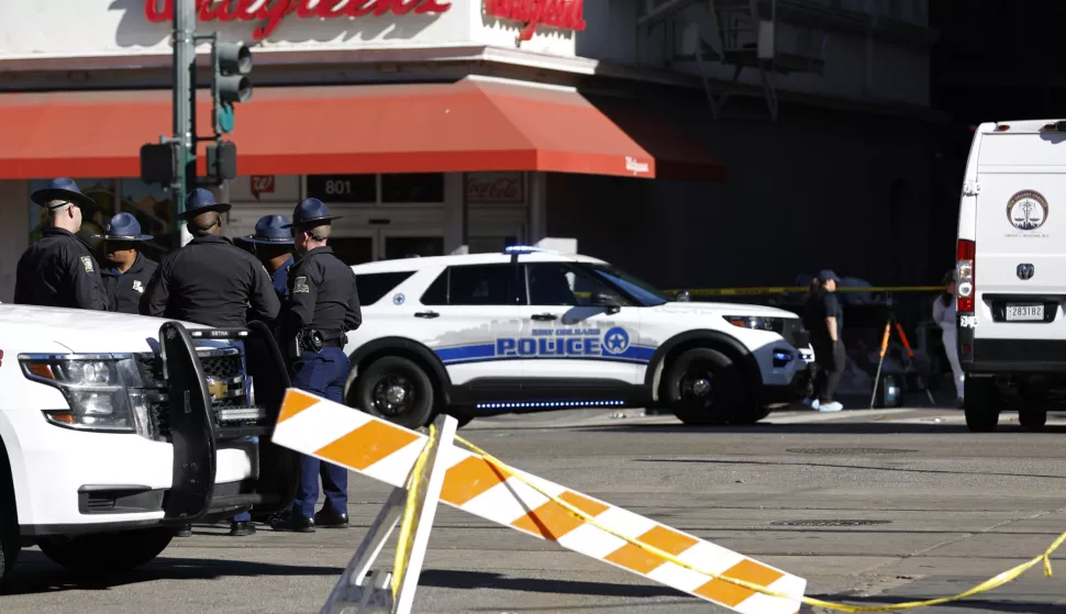 Jan 1, 2025; New Orleans, LA, USA; A view of police standing on Canal street at Bourbon Street after an apparent attack during New Year's Eve celebrations in New Orleans. Mandatory Credit: Geoff Burke-USA TODAY NETWORK/Sipa USA Photo: USA TODAY/SIPA USA