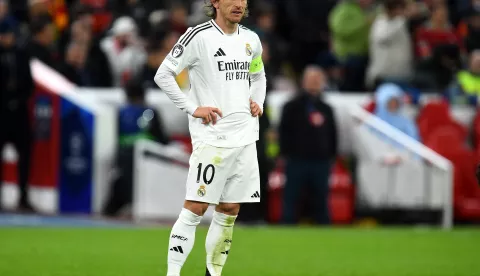 epa11744519 Luka Modric of Real Madrid looks on during the UEFA Champions League match between Liverpool and Real Madrid in Liverpool, Britain, 27 November 2024. EPA/PETER POWELL