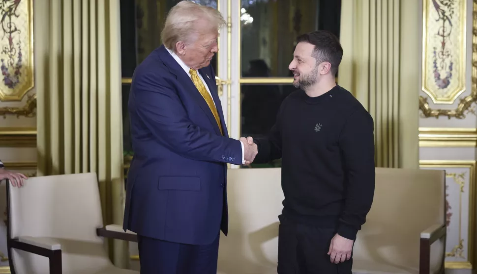 epa11763045 A handout picture made available by the Presidential Press Service of Ukraine shows US President-elect Donald Trump (L), and Ukrainian President Volodymyr Zelensky (R) shaking hands during their meeting with French President Emmanuel Macron (not pictured) at the Elysee Palace, as part of ceremonies marking the reopening of the Notre Dame de Paris Cathedral, in Paris, France, 07 December 2024. The Notre Dame de Paris Cathedral reopens on 07 December after nearly six years of renovation work following its destruction by a fire on 15 April 2019. EPA/Presidential Press Service of Ukraine HANDOUT HANDOUT EDITORIAL USE ONLY/NO SALES